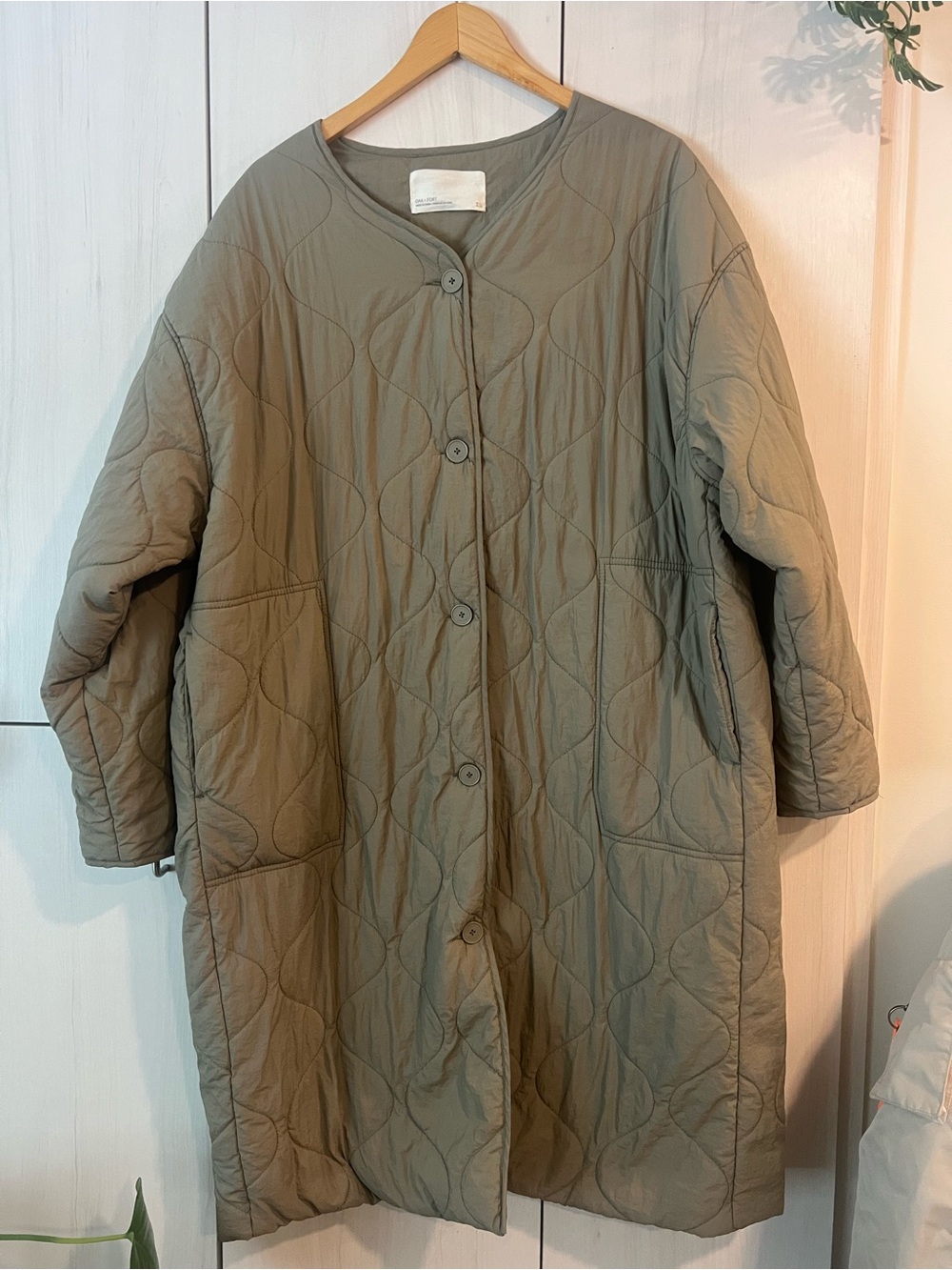 OAK + FORT Quilted Longline Puffer Coat — Olive